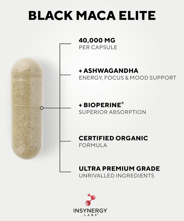 Ultra Premium 40,000MG Organic Black Maca with Ashwagandha - Maca Root Powder for Men 60 Vegan Capsules