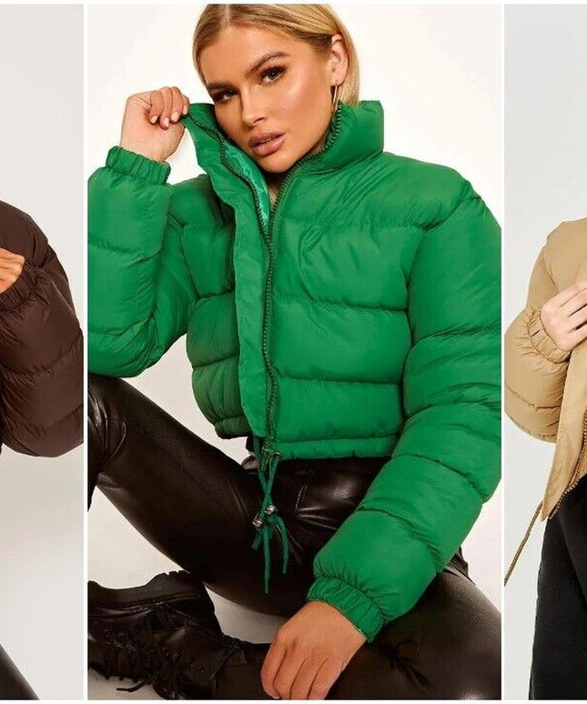 WOMENS LADIES QUILTED WINTER COAT THICK PUFFER PADDED CROP HOODED JACKET PARKA