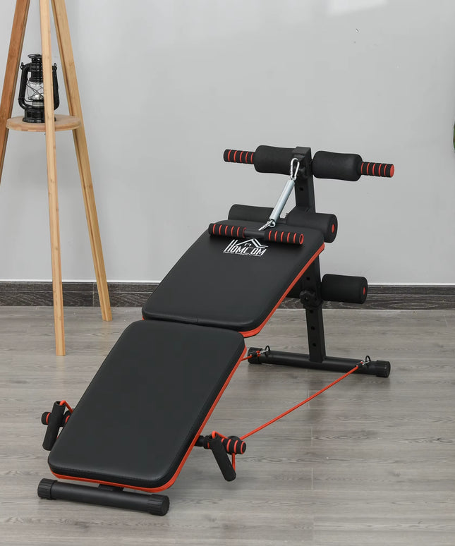 HOMCOM Adjustable Sit-Up Bench – Foldable Core Workout Bench with Thigh Support & Resistance Ropes, Black