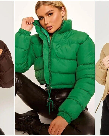 WOMENS LADIES QUILTED WINTER COAT THICK PUFFER PADDED CROP HOODED JACKET PARKA